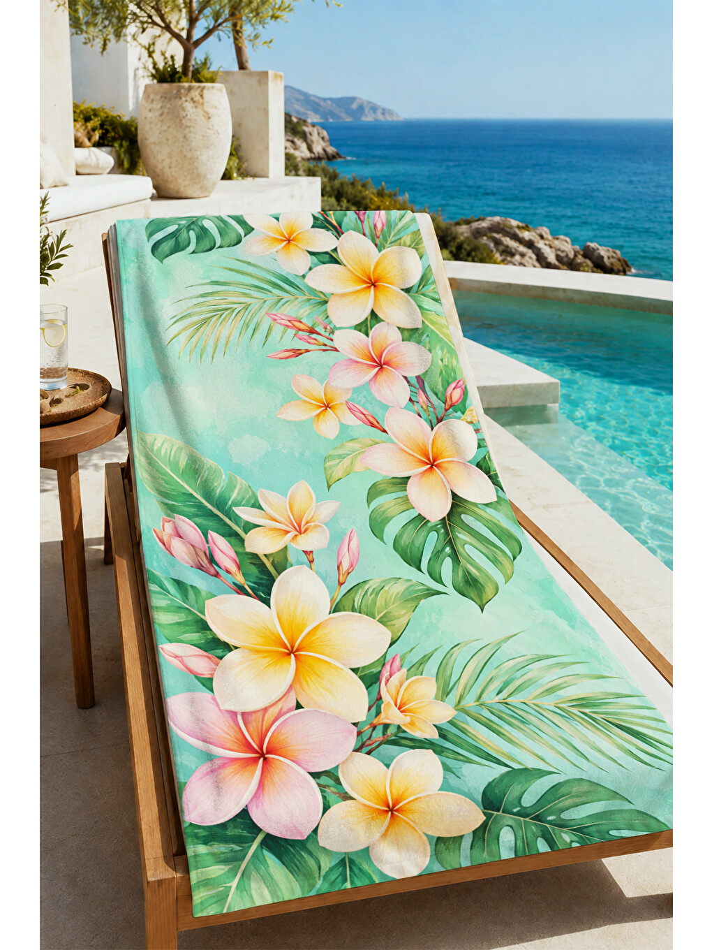 Yeşil Pastel Plumeria Mint Yapraklı Tropikal Desenli 70x150 Plaj Havlusu - Pamuklu Banyo Havlusu-1