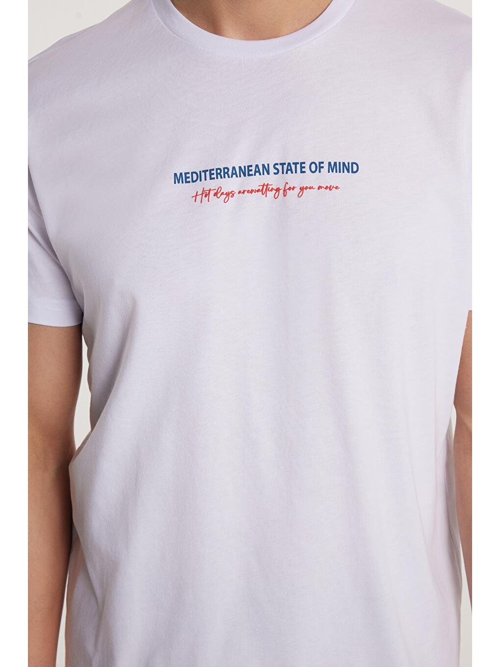 Erkek Slim Fit Dar Kesim %100 Pamuk Yumuşak Dokulu Baskılı Beyaz Bisiklet Yaka Tişört-2