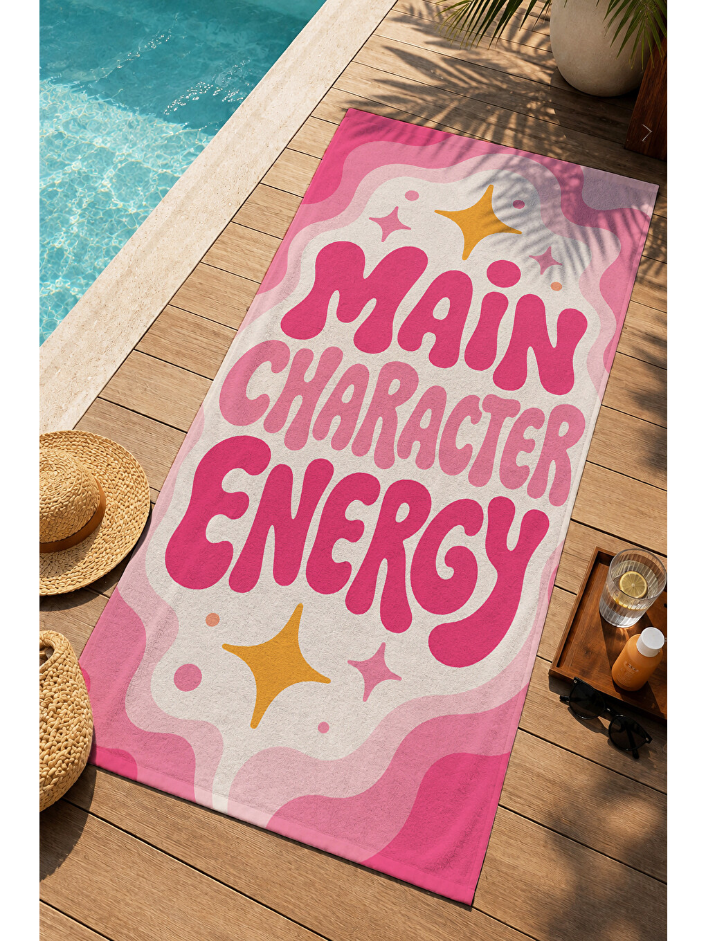Pembe Pop Art Main Character Energy Desenli 70x150 Plaj Havlusu - Dijital Baskılı Solmaz Banyo Havlusu