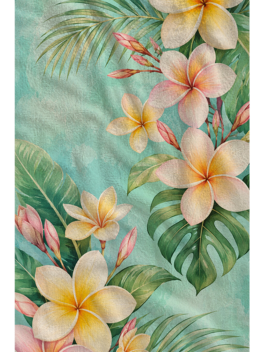 Yeşil Pastel Plumeria Mint Yapraklı Tropikal Desenli 70x150 Plaj Havlusu - Pamuklu Banyo Havlusu-2