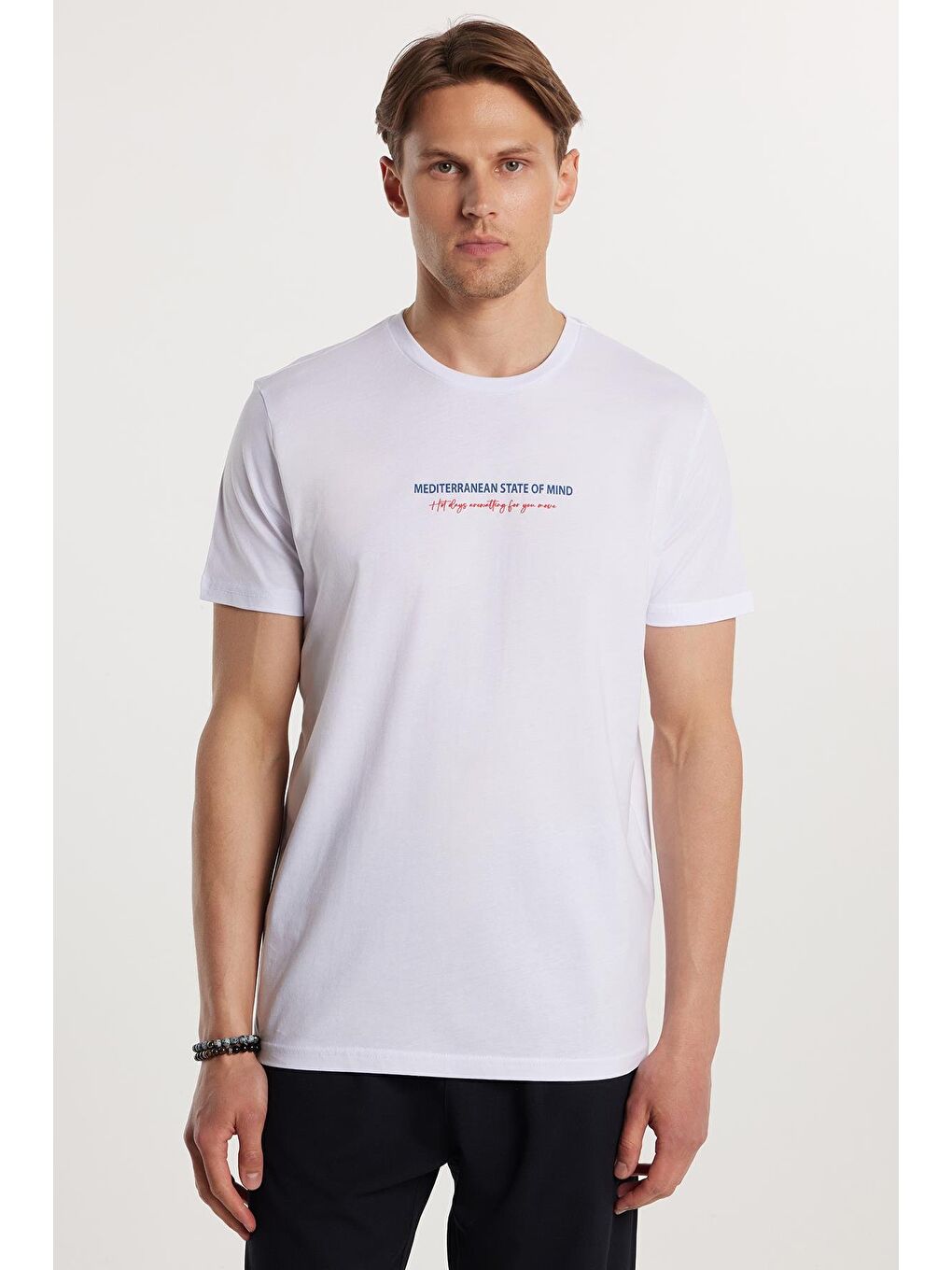 Erkek Slim Fit Dar Kesim %100 Pamuk Yumuşak Dokulu Baskılı Beyaz Bisiklet Yaka Tişört-3