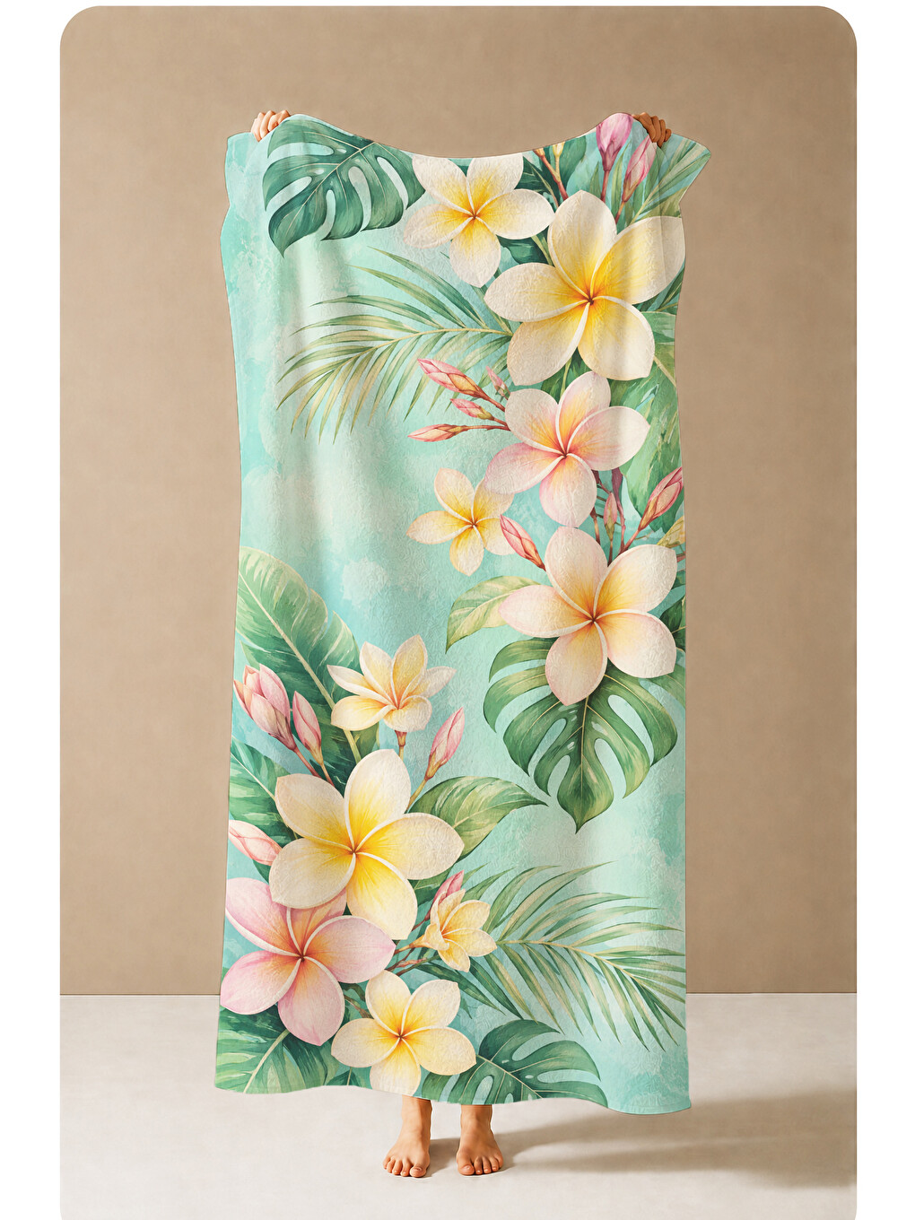 Yeşil Pastel Plumeria Mint Yapraklı Tropikal Desenli 70x150 Plaj Havlusu - Pamuklu Banyo Havlusu-3