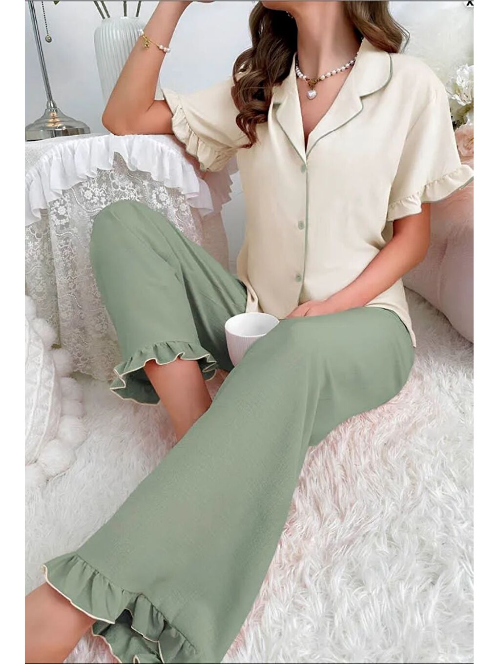 Bej Bürümcük Arabiyeli Düğmeli Pijama Takım 7036-1