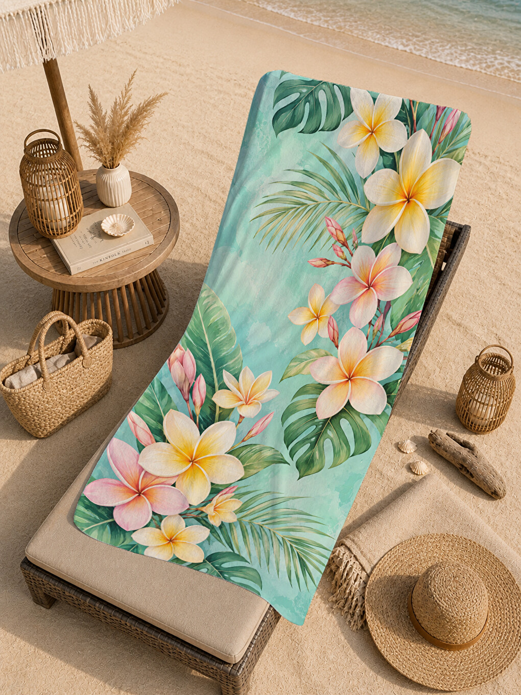 Yeşil Pastel Plumeria Mint Yapraklı Tropikal Desenli 70x150 Plaj Havlusu - Pamuklu Banyo Havlusu-4