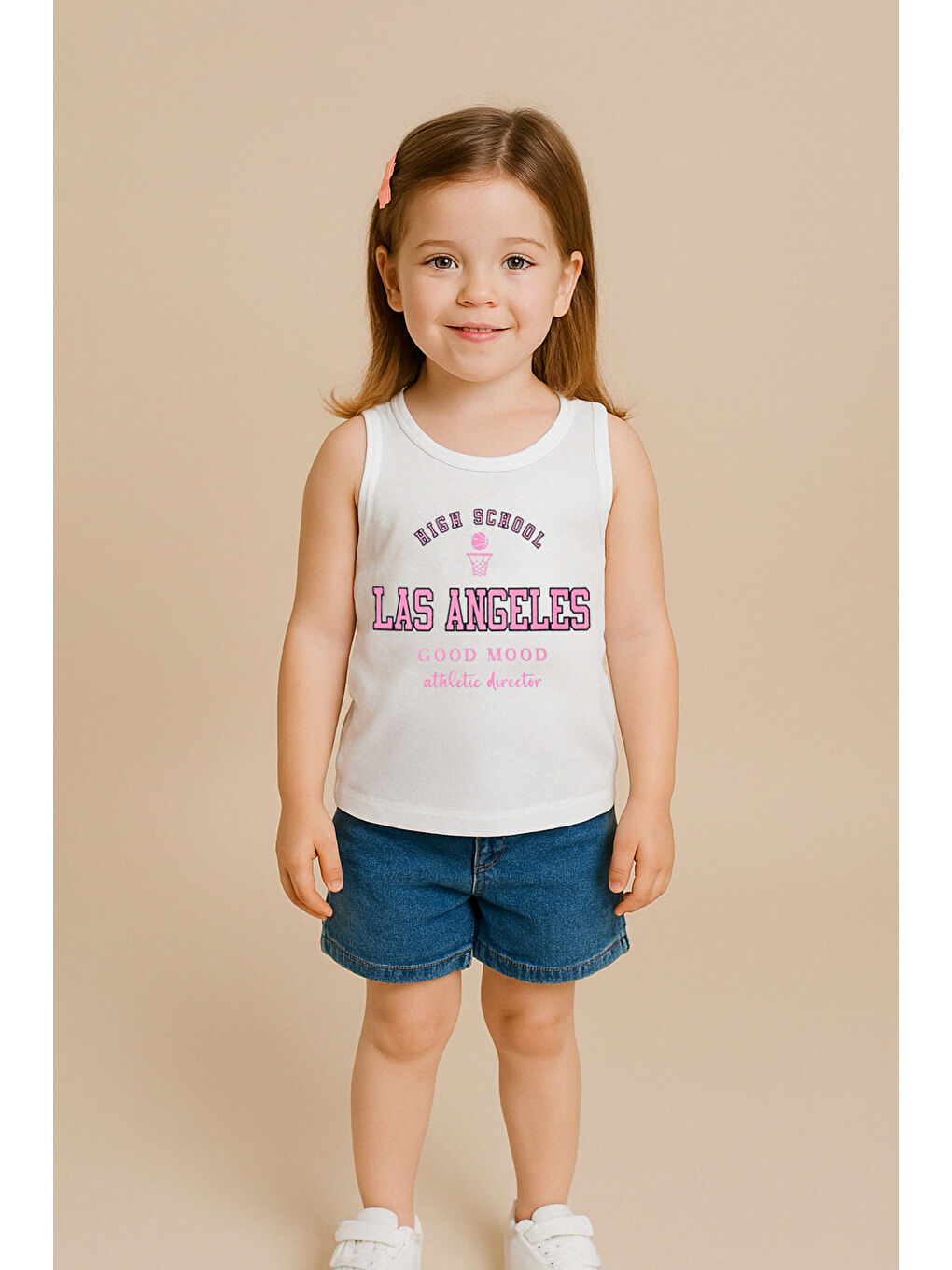 Beyaz %100 Pamuk Las Angeles Yazı Baskılı Kız Çocuk Kolsuz Tişört