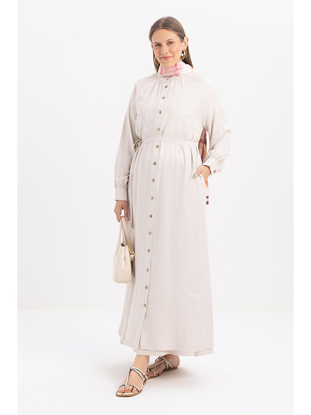 Bej Taş-Beli Bağlamalı Ferace