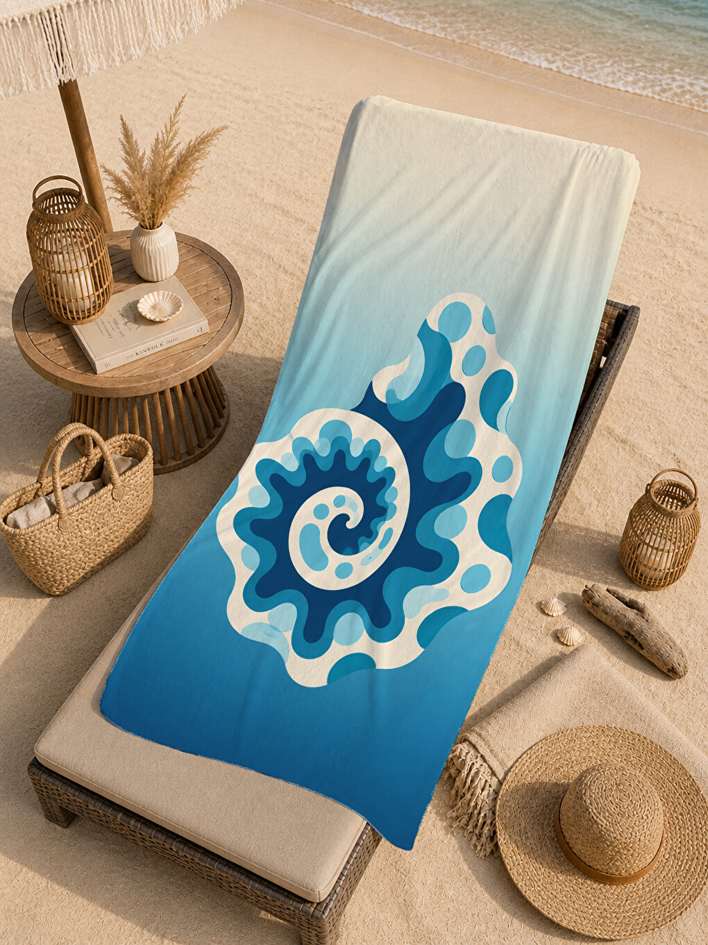 Modern Mavi Spiral Deniz Kabuğu Desenli 70x150 Plaj Havlusu - Dijital Baskılı Solmaz Banyo Havlusu