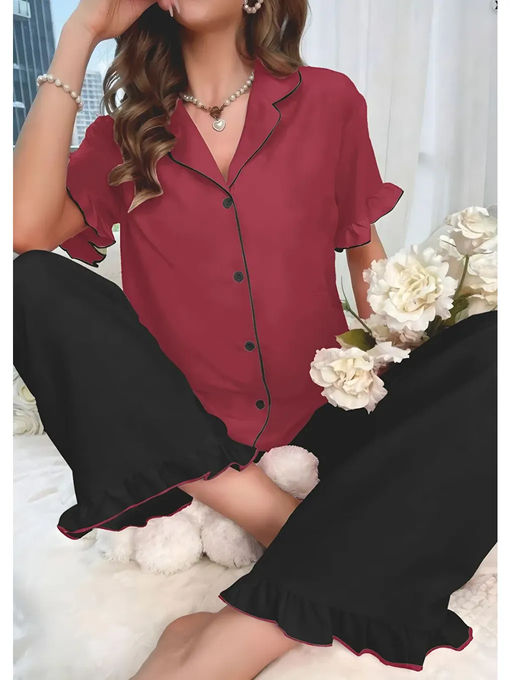 Bordo Bürümcük Arabiyeli Düğmeli Pijama Takım 7036-2