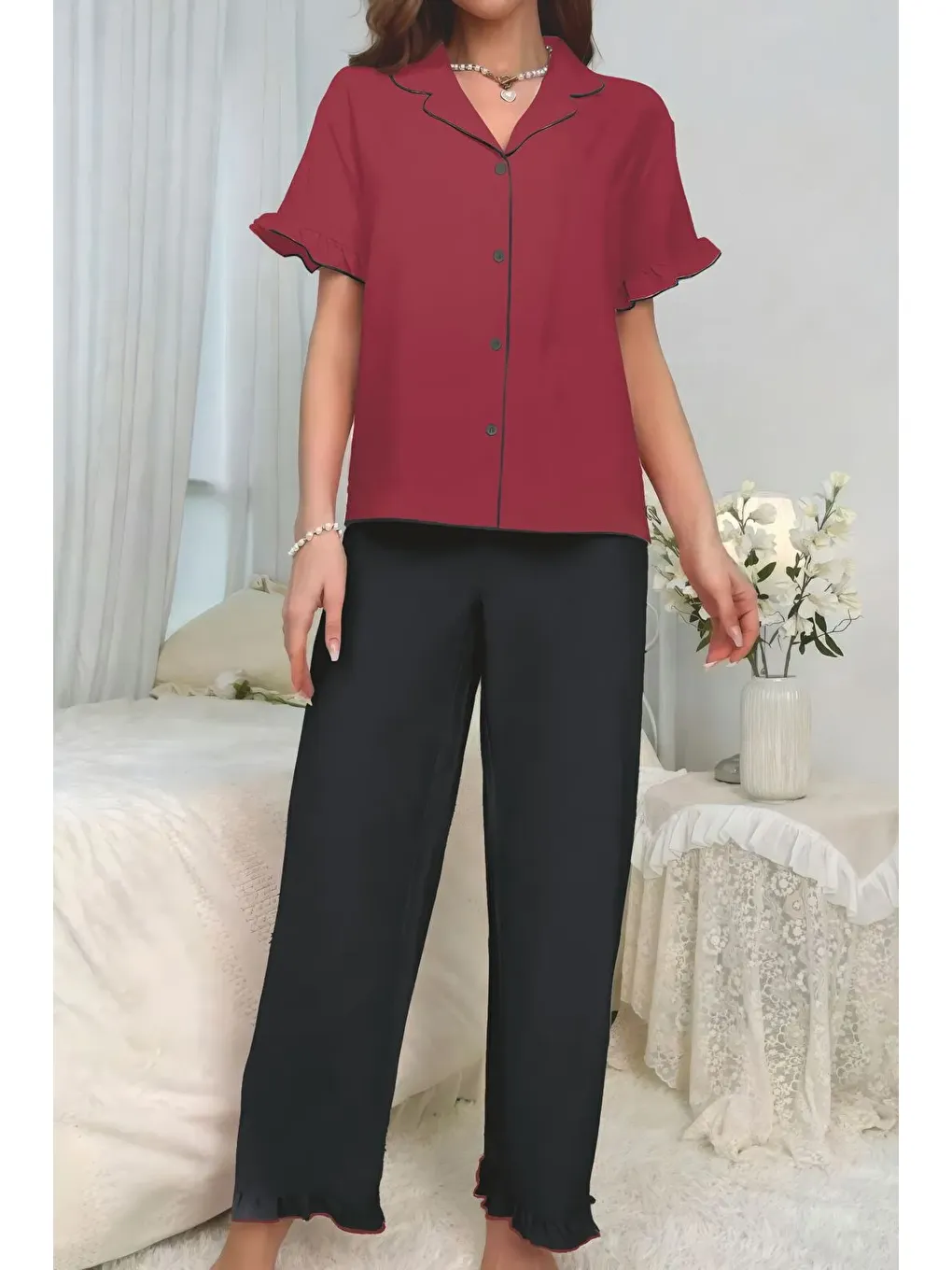 Bordo Bürümcük Arabiyeli Düğmeli Pijama Takım 7036-2-1