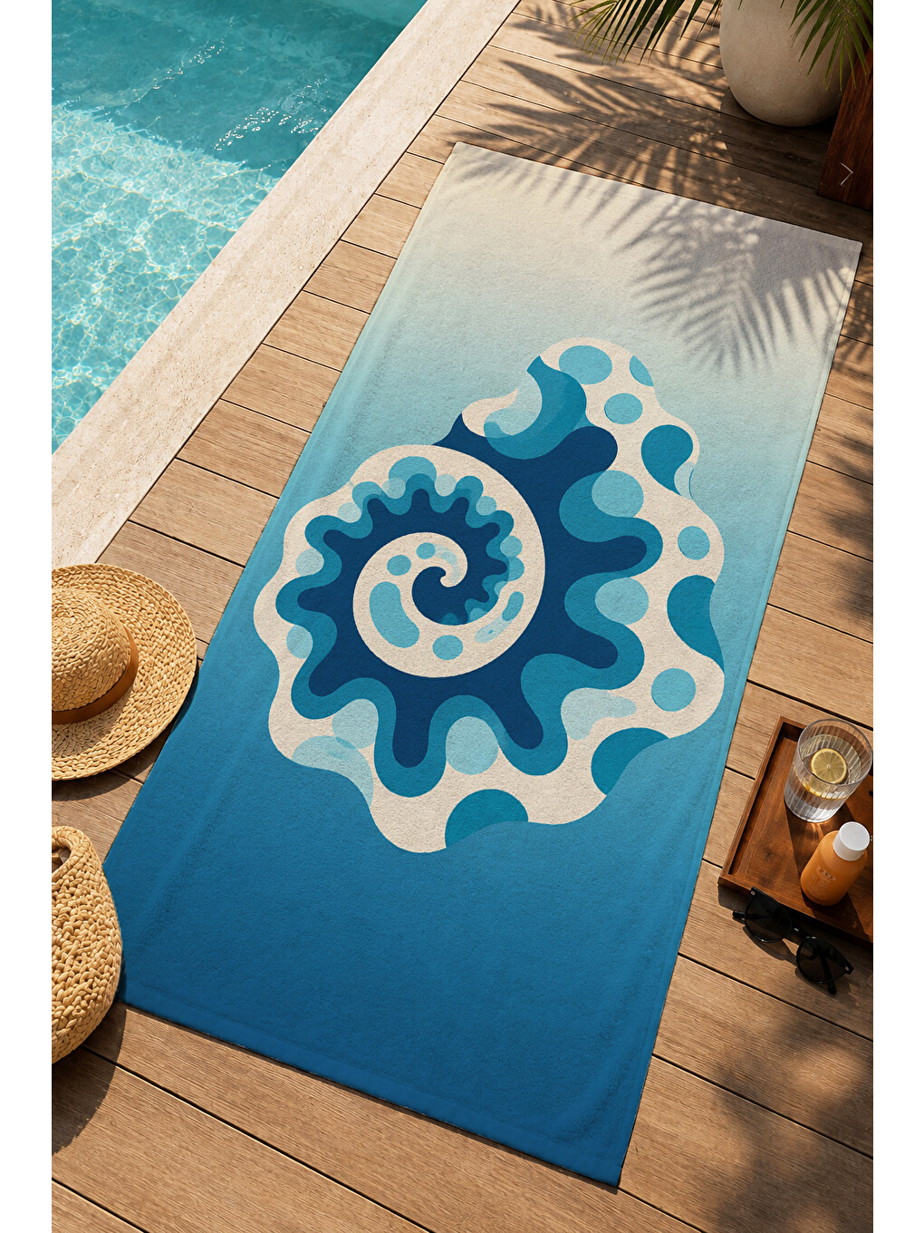 Modern Mavi Spiral Deniz Kabuğu Desenli 70x150 Plaj Havlusu - Dijital Baskılı Solmaz Banyo Havlusu-1