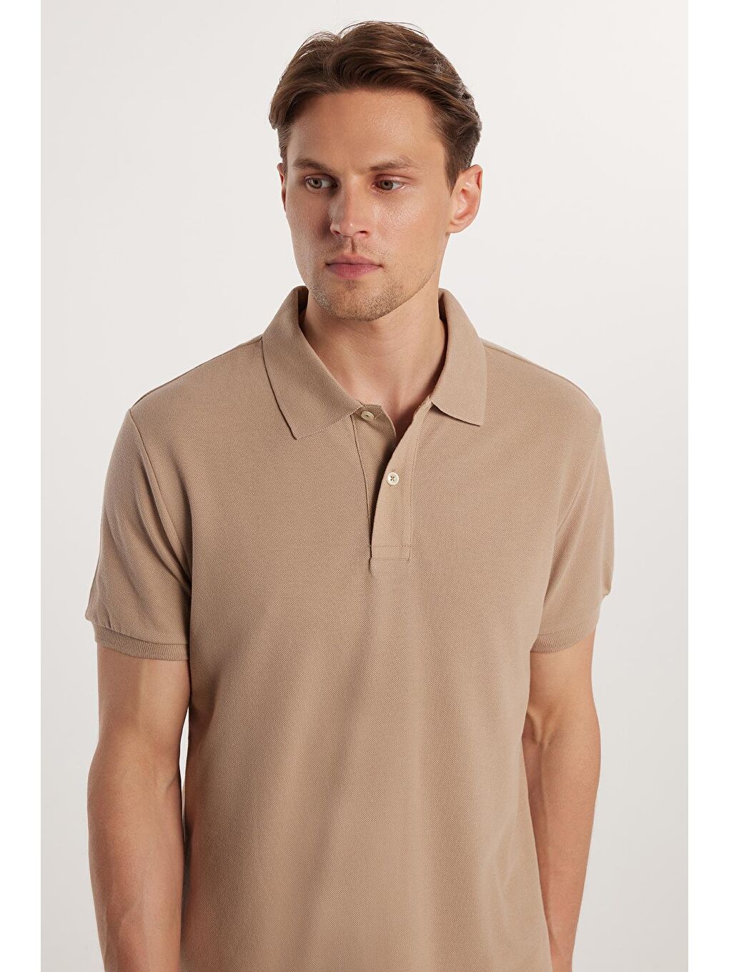 Erkek Slim Fit Dar Kesim %100 Pamuk Bej Polo Yaka Tişört-1