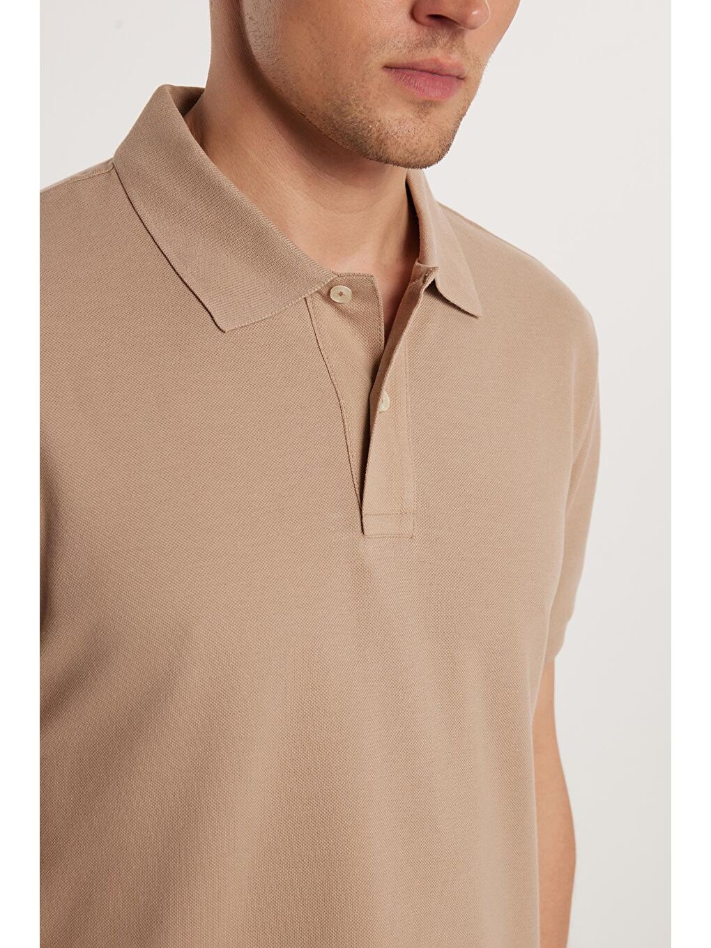 Erkek Slim Fit Dar Kesim %100 Pamuk Bej Polo Yaka Tişört-2