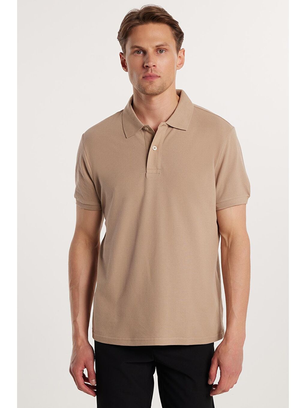 Erkek Slim Fit Dar Kesim %100 Pamuk Bej Polo Yaka Tişört-3