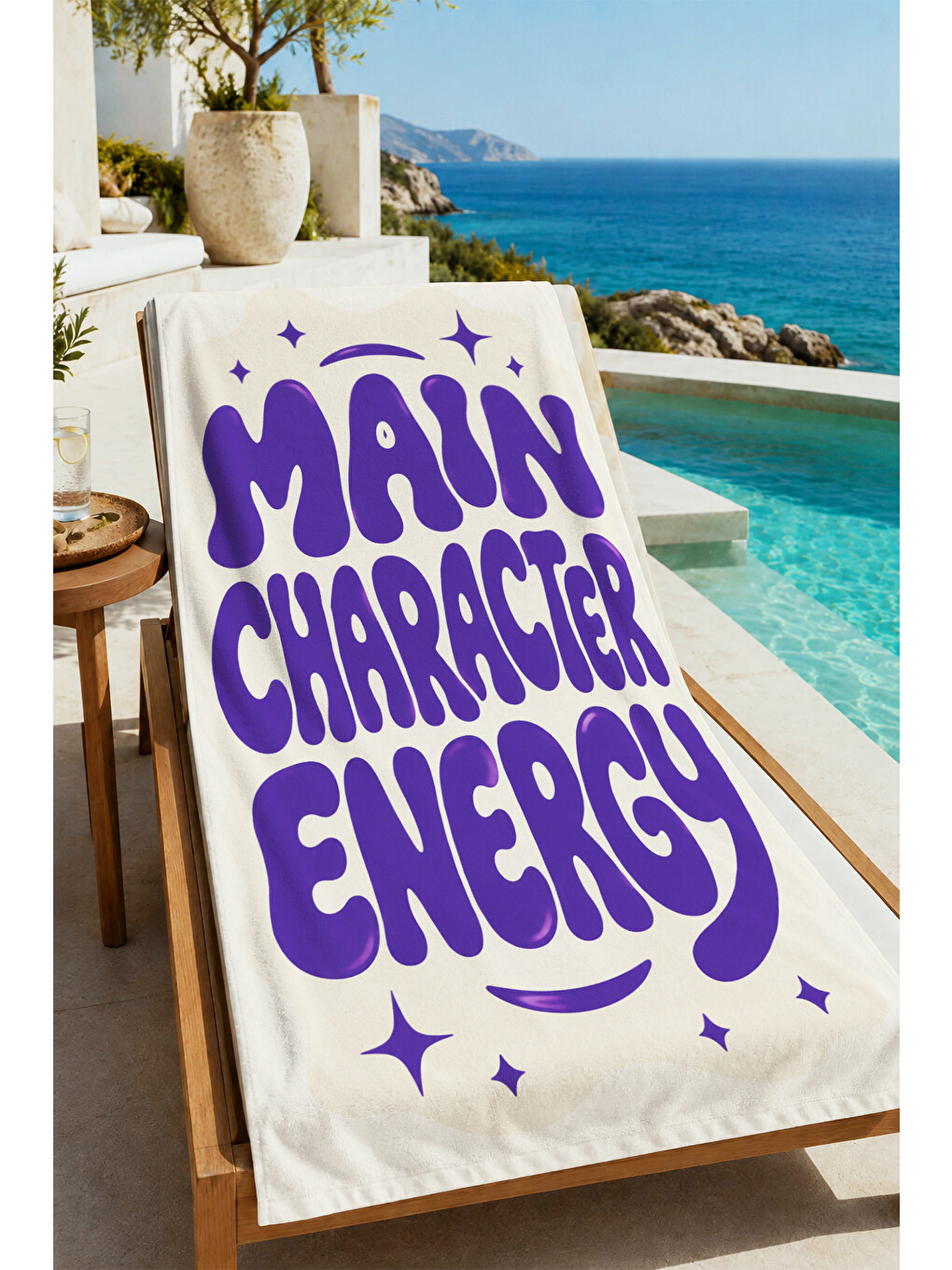 Pop Art Main Character Energy Mor Yazılı Desenli 70x150 Plaj Havlusu - Dijital Baskılı Banyo Havlusu