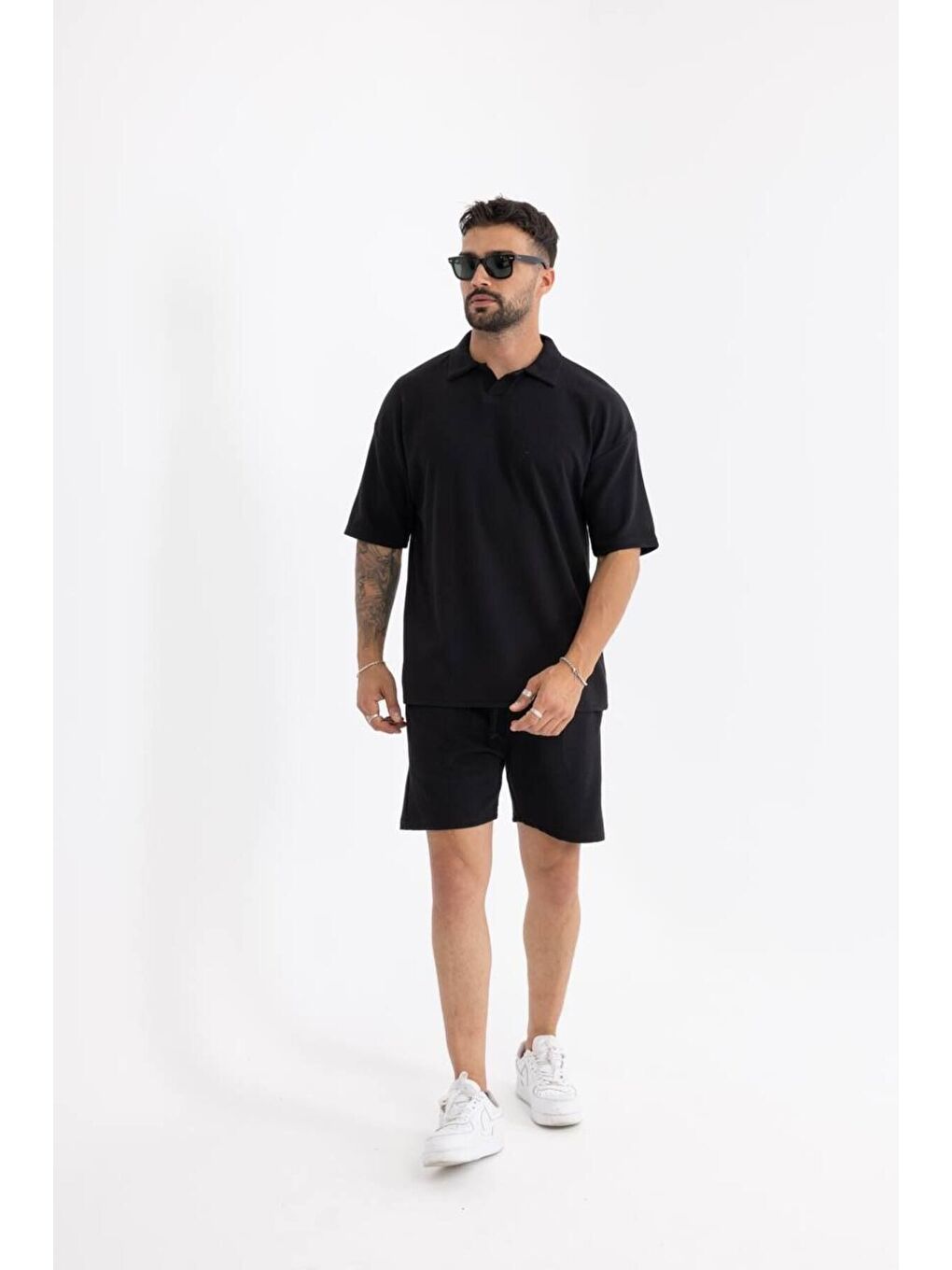 Erkek Basic Polo Yaka Tişört Şort Siyah Ikili Takım