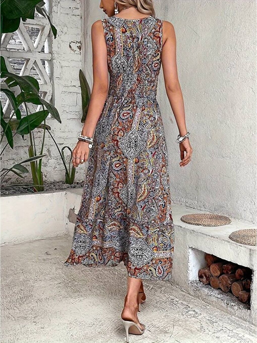 Kahverengi Kadın Beli Gipeli Etnik Desen Sıfır Kol Süprem Elbise-3