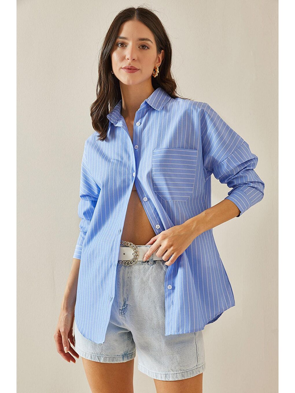 Mavi Tek Cepli Çizgili Gömlek 5YXK2-48642-12
