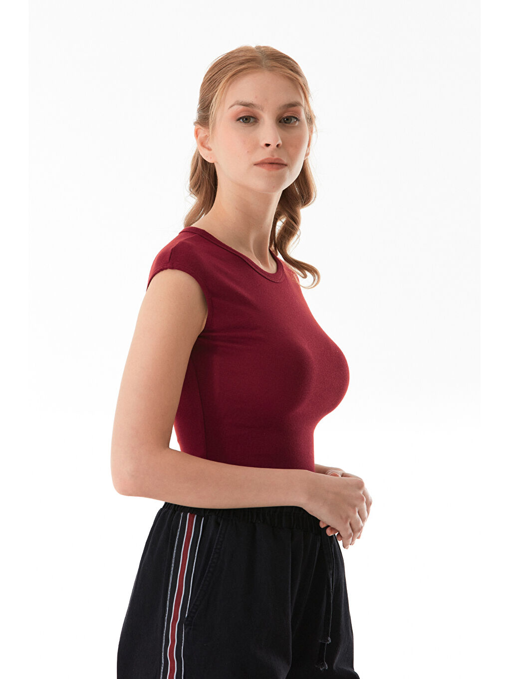 Bordo Basic Bisiklet Yaka Çıtçıtlı Elastanlı Modal Body-3