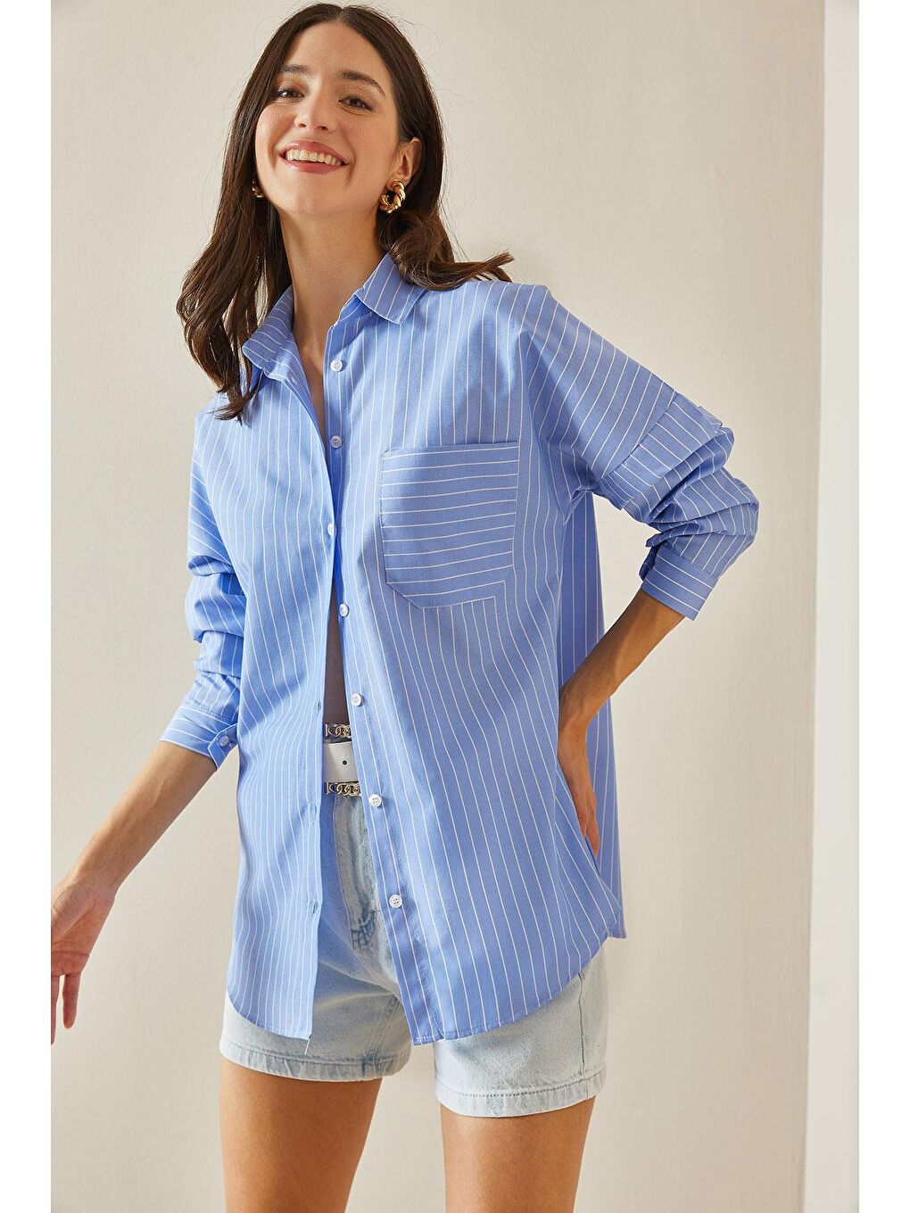 Mavi Tek Cepli Çizgili Gömlek 5YXK2-48642-12-1