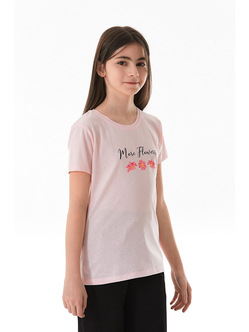 Pembe %100 Pamuk Yazı Ve Çiçek Baskılı Bisiklet Yaka Kız Çocuk Tişört