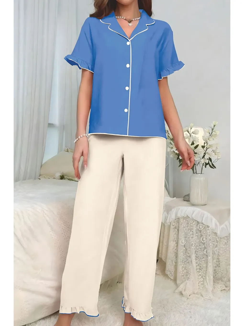 Mavi Bürümcük Arabiyeli Düğmeli Pijama Takım 7036-4-1