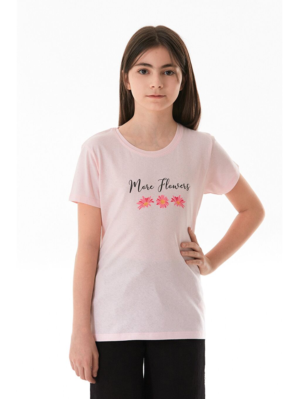 Pembe %100 Pamuk Yazı Ve Çiçek Baskılı Bisiklet Yaka Kız Çocuk Tişört-4