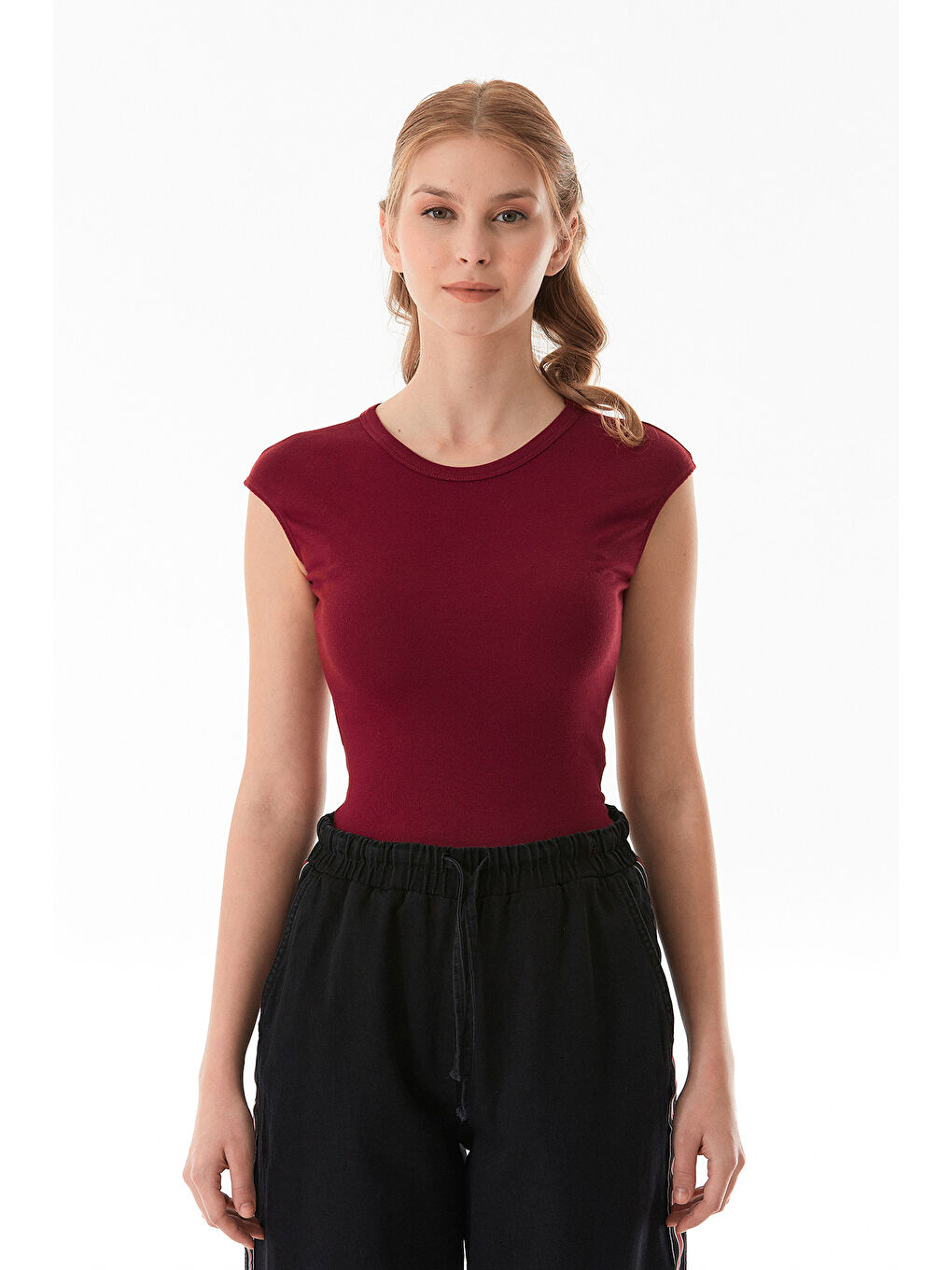 Bordo Basic Bisiklet Yaka Çıtçıtlı Elastanlı Modal Body-4