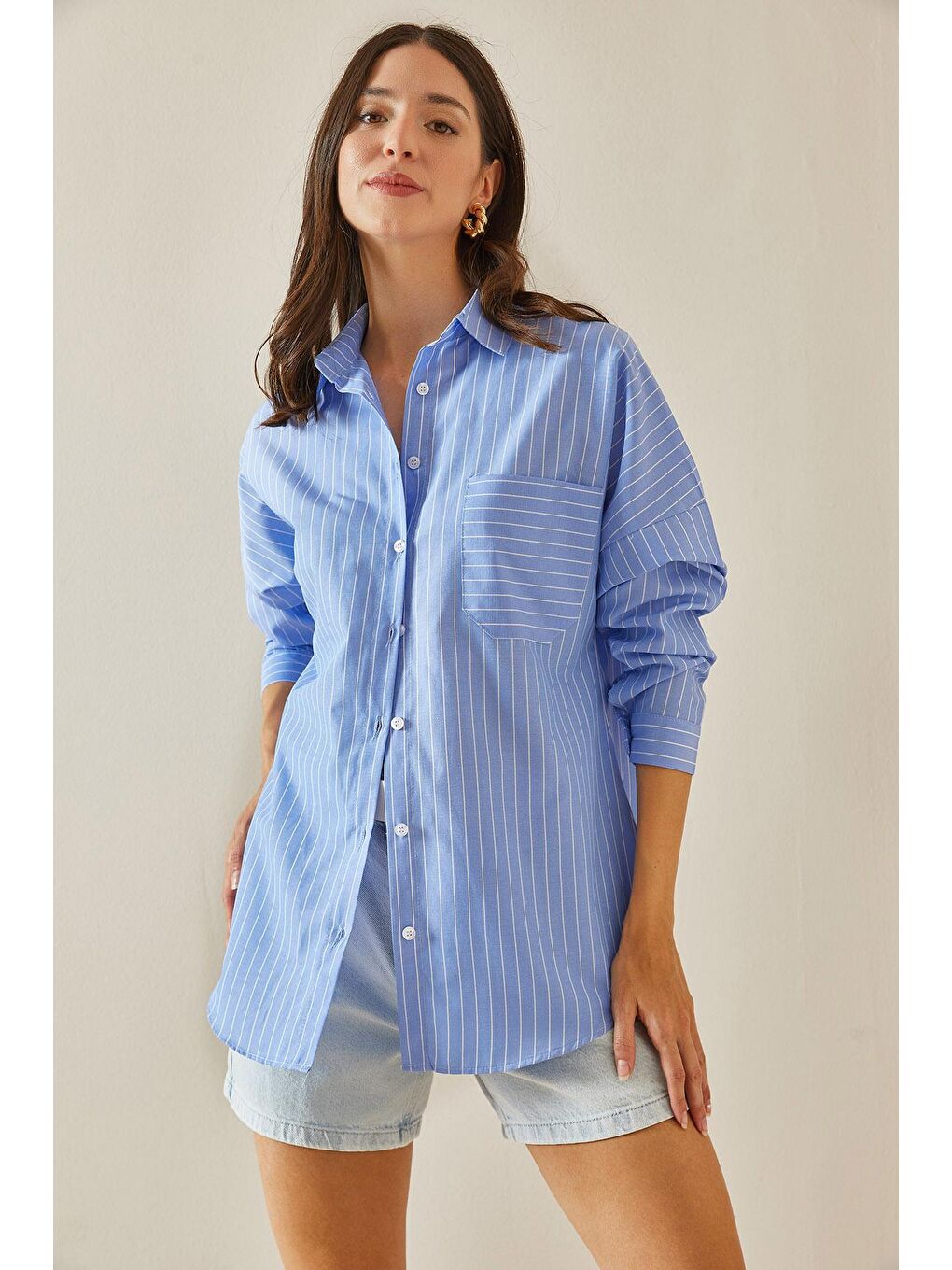 Mavi Tek Cepli Çizgili Gömlek 5YXK2-48642-12-3