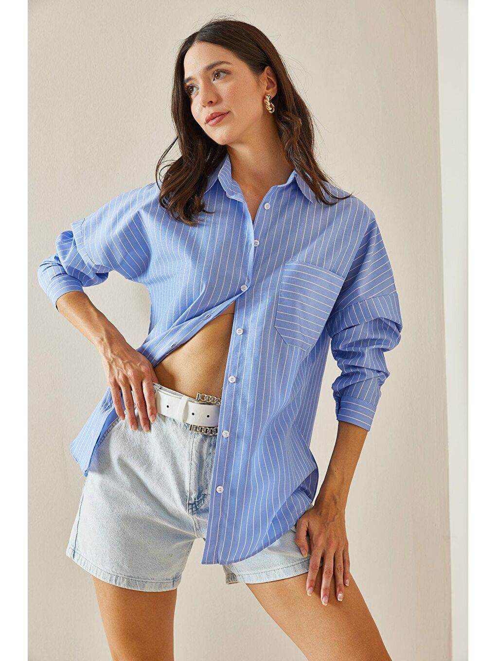 Mavi Tek Cepli Çizgili Gömlek 5YXK2-48642-12-4