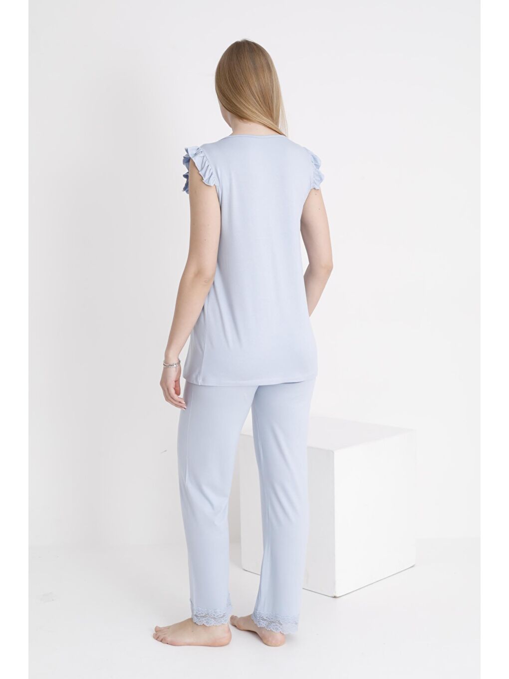 Bebek Mavisi Dantel Detaylı V Yaka Kolsuz Hamile ve Lohusa Pijama Takımı-2