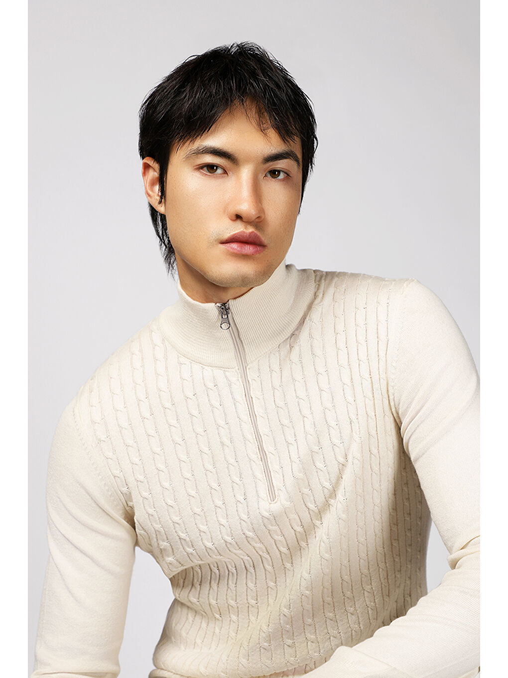 Bej Bato Yaka Regular Fit Fermuarlı Desenli Pamuklu Triko Büyük Beden Kazak