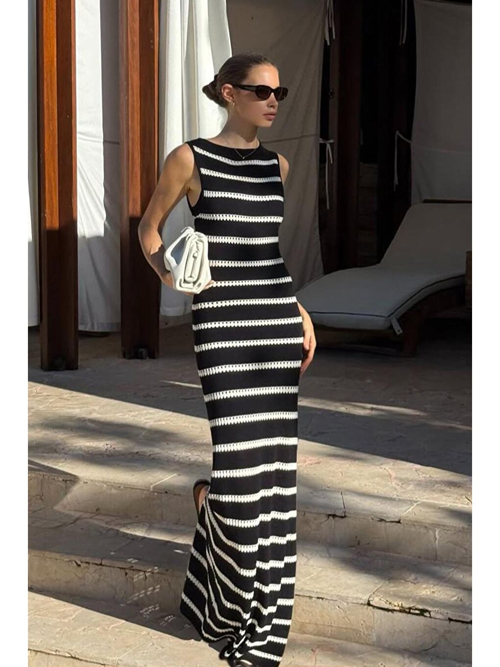 Siyah Yırtmaç Detaylı Uzun Boy Triko Elbise Mg2448