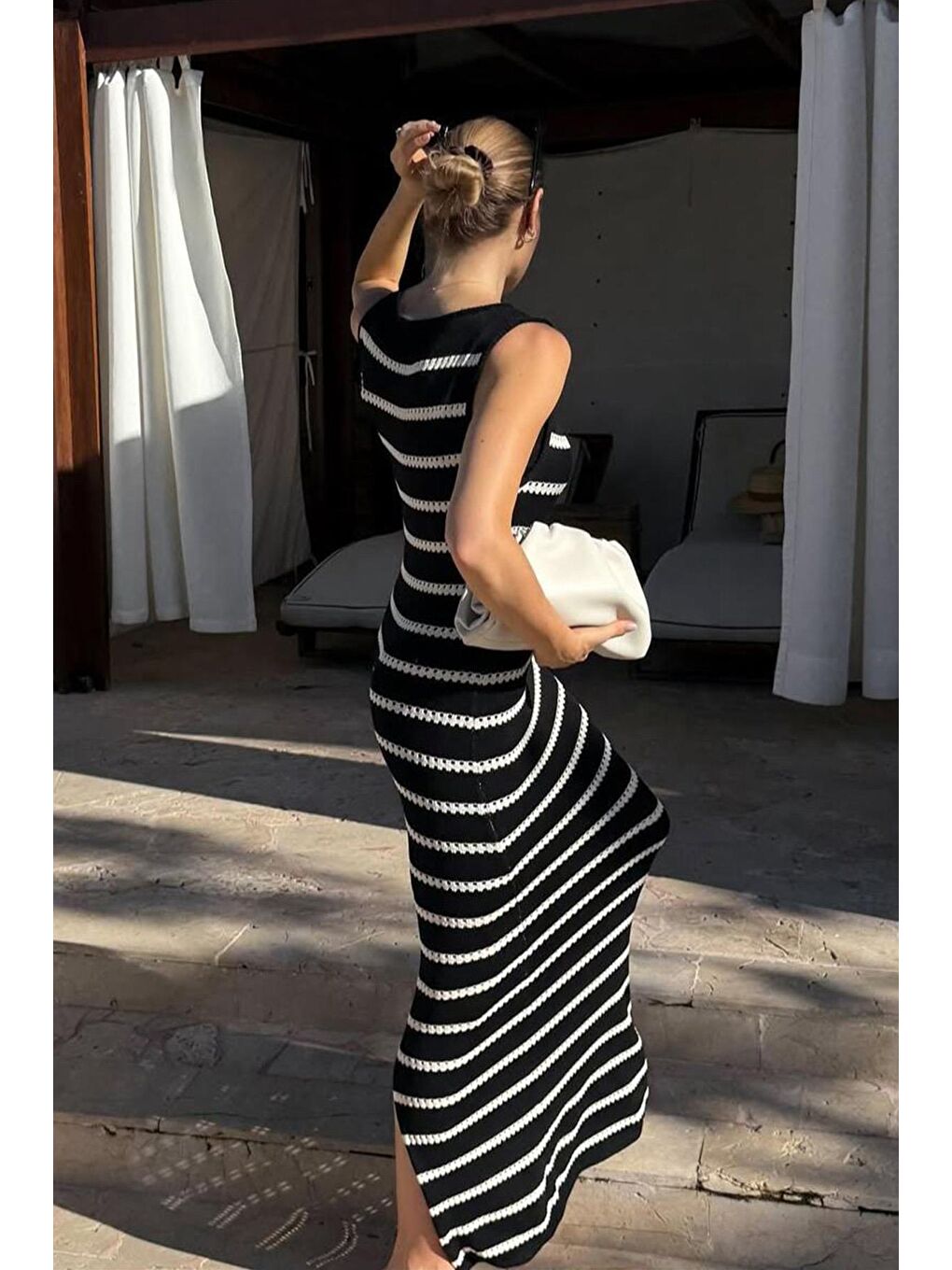 Siyah Yırtmaç Detaylı Uzun Boy Triko Elbise Mg2448-1