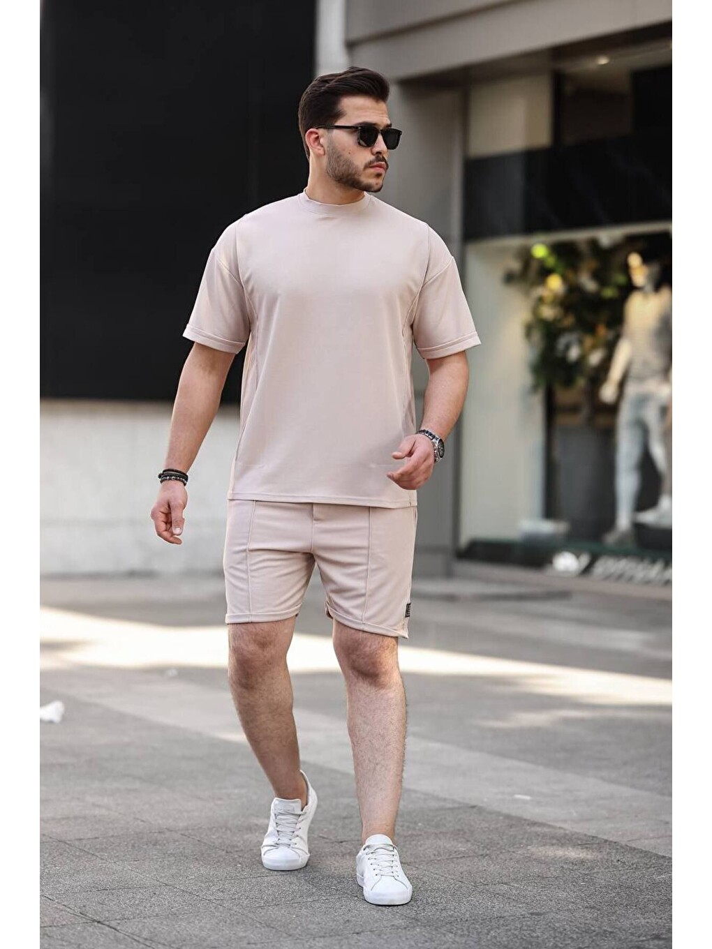 Bej Erkek Alt Üst Oversize Tişört Basic Şort Taş Ikili Takım