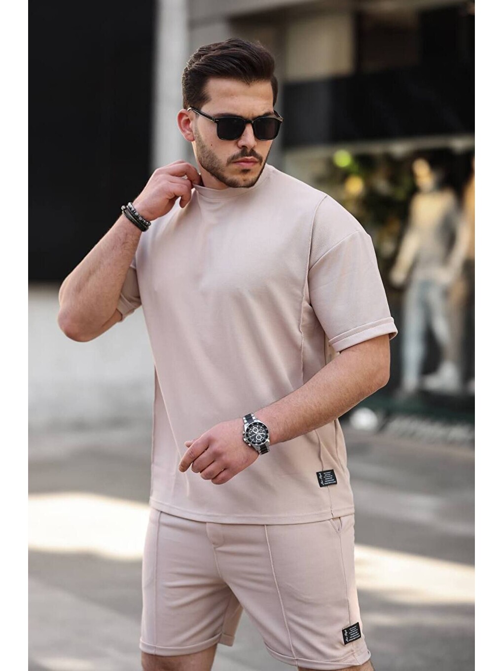 Bej Erkek Alt Üst Oversize Tişört Basic Şort Taş Ikili Takım-1