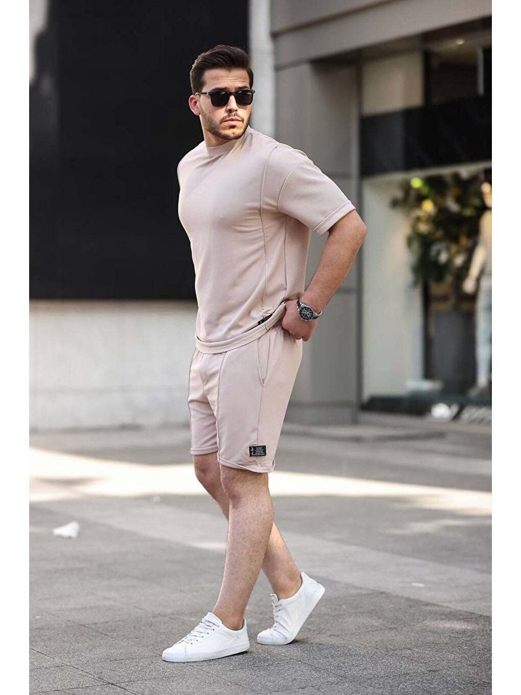 Bej Erkek Alt Üst Oversize Tişört Basic Şort Taş Ikili Takım-2