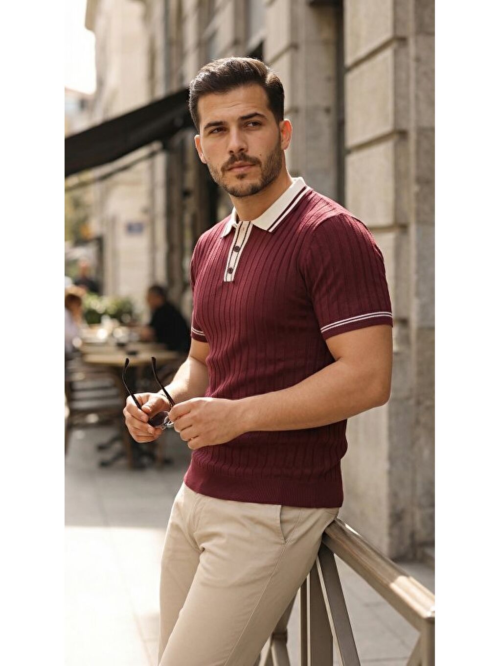 Bordo Erkek Düğme Yakalı Kontrast Yaka Triko Tişört