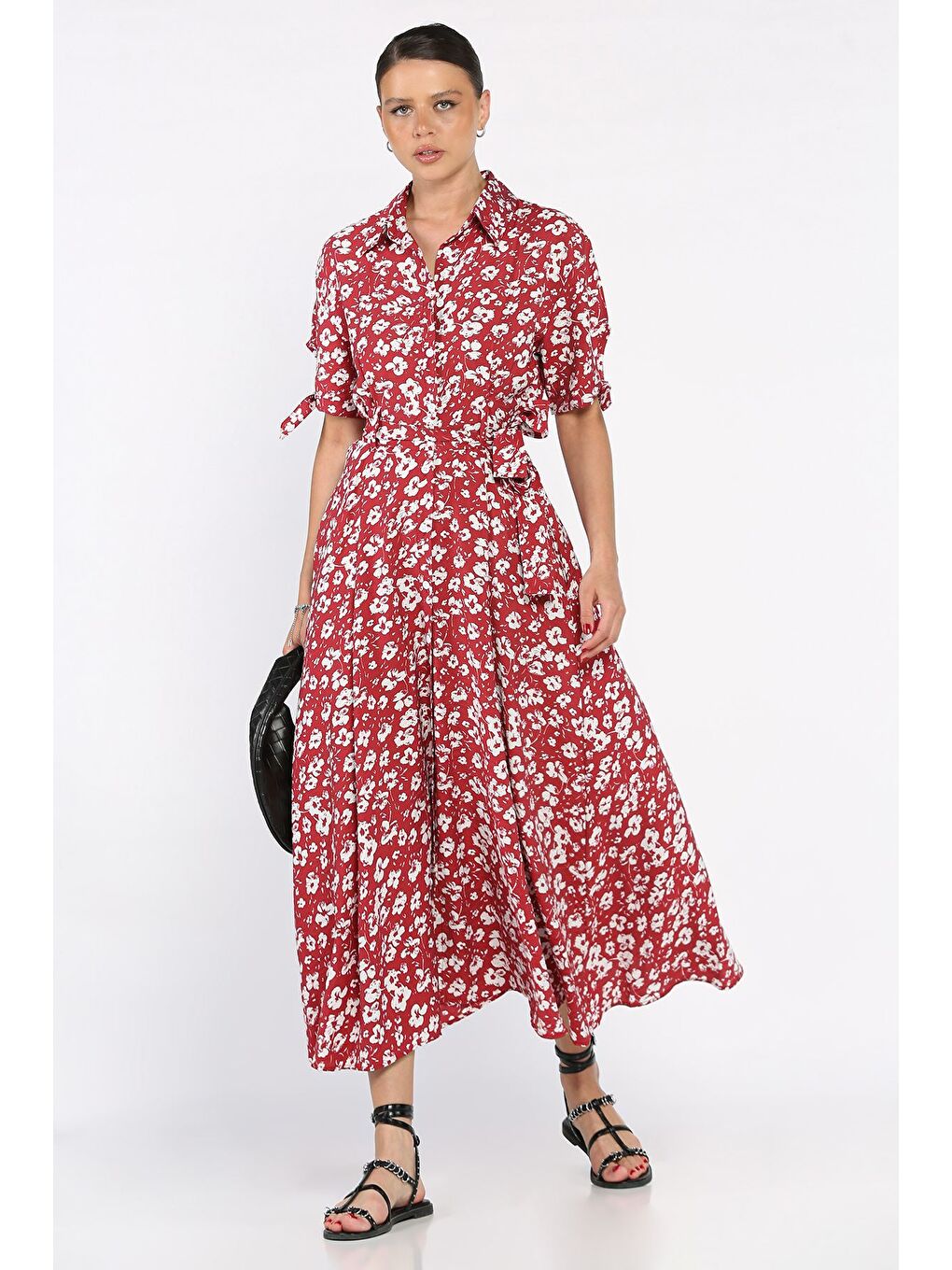 Kırmızı Kadın Düğmeli Çiçek Desenli Kısa Kol Elbise-1