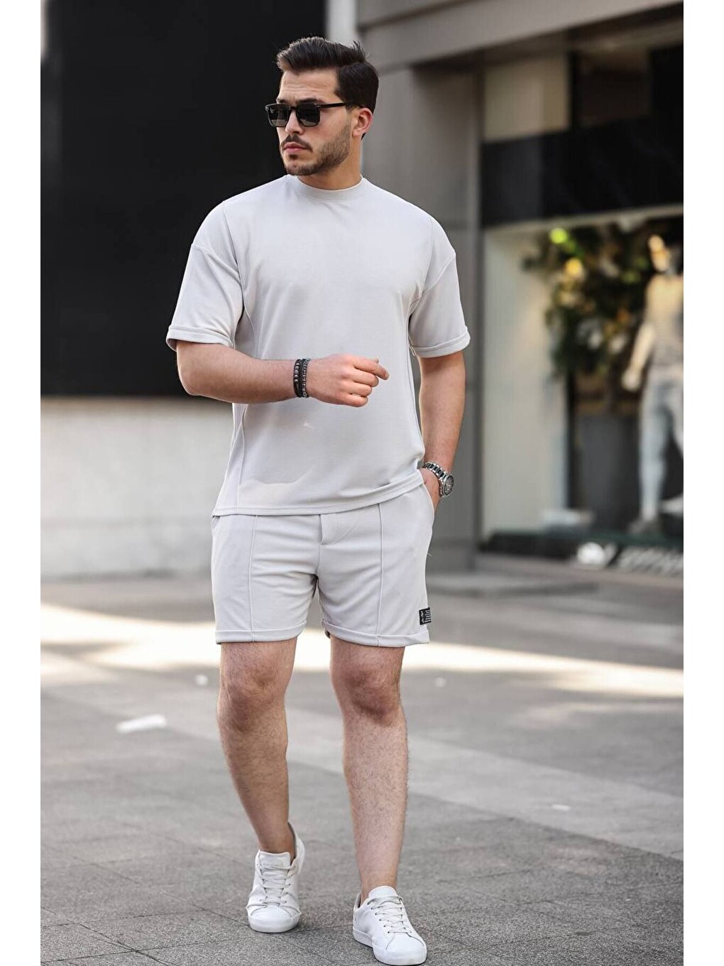 Erkek Alt Üst Oversize Tişört Basic Şort Gri Ikili Takım