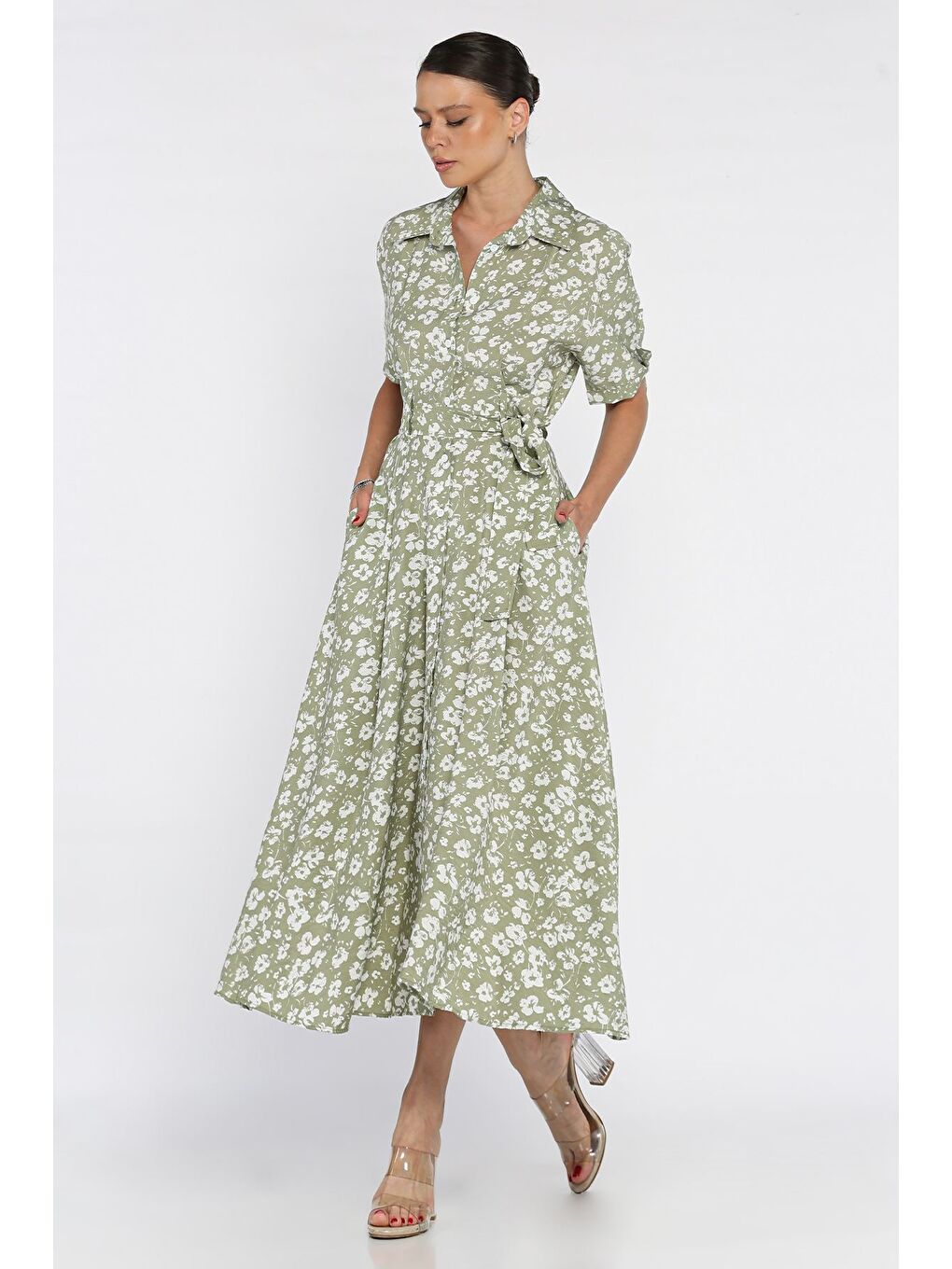 Haki Kadın Düğmeli Çiçek Desenli Kısa Kol Elbise