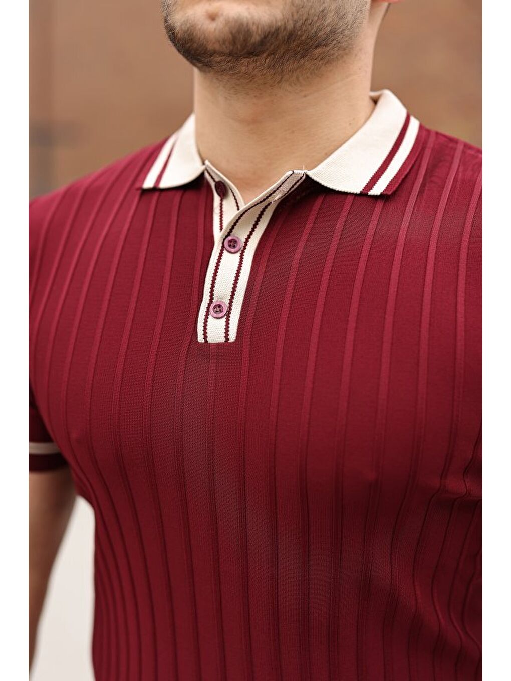 Bordo Erkek Düğme Yakalı Kontrast Yaka Triko Tişört-1