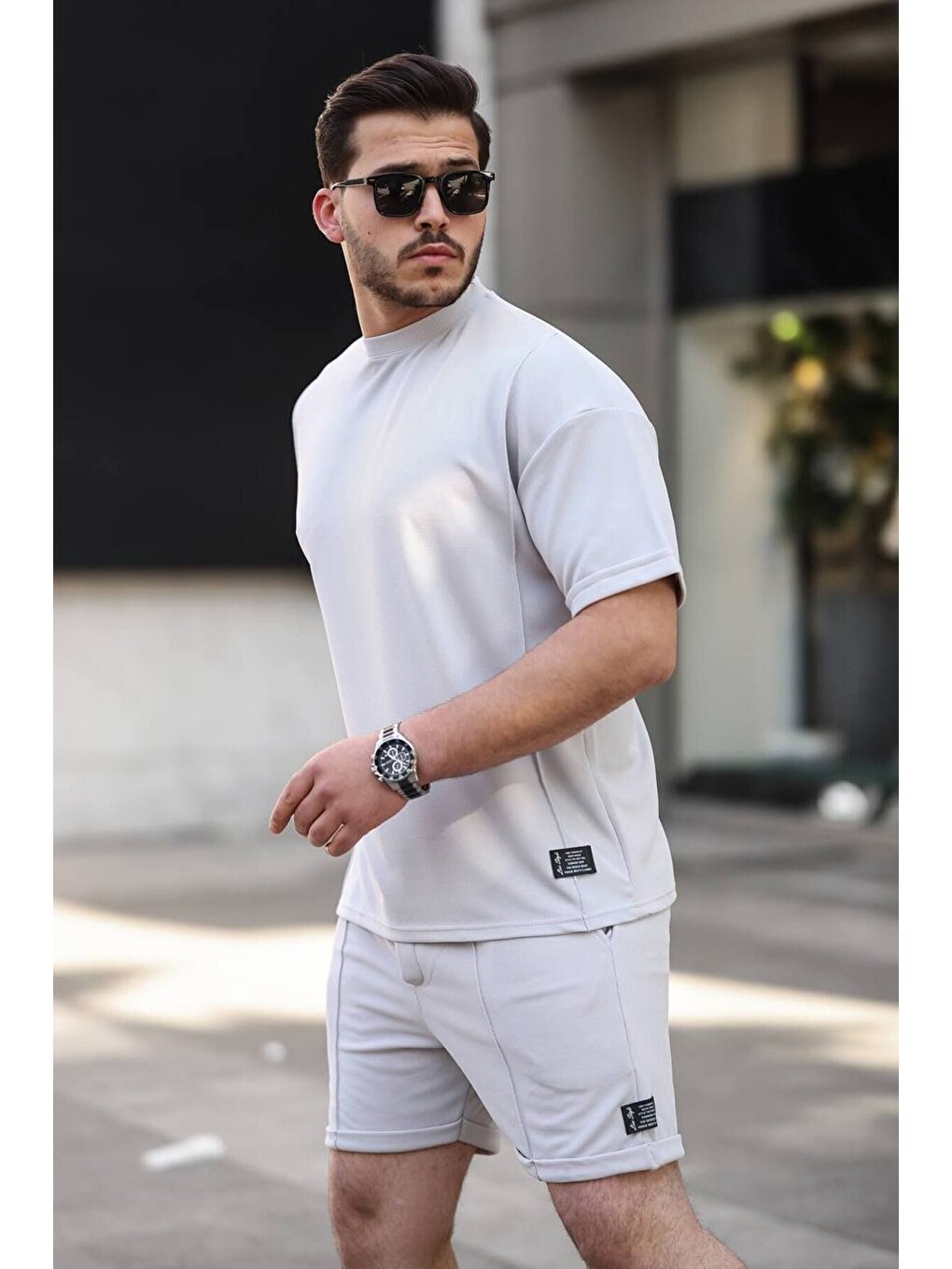 Erkek Alt Üst Oversize Tişört Basic Şort Gri Ikili Takım-1