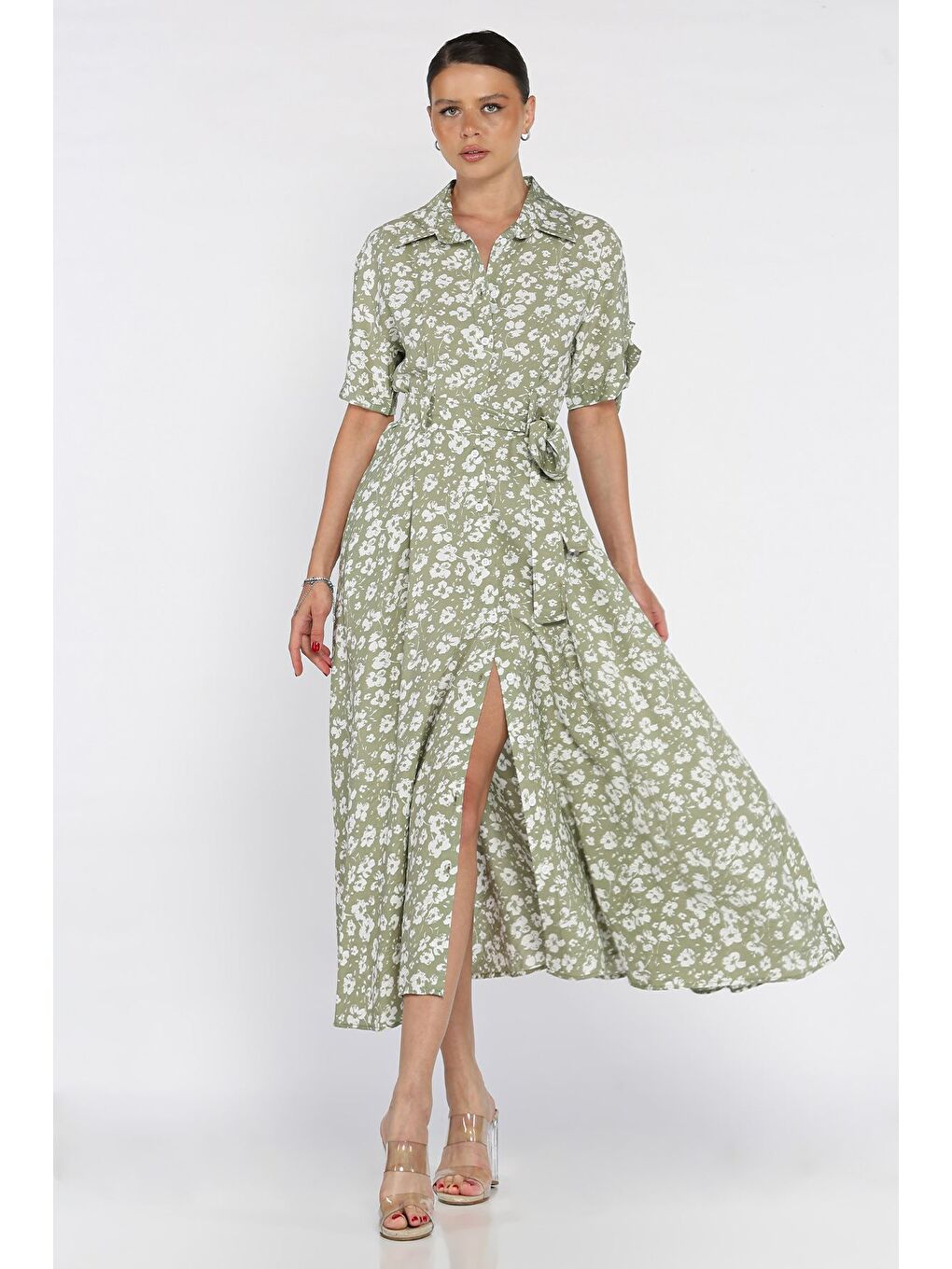 Haki Kadın Düğmeli Çiçek Desenli Kısa Kol Elbise-1