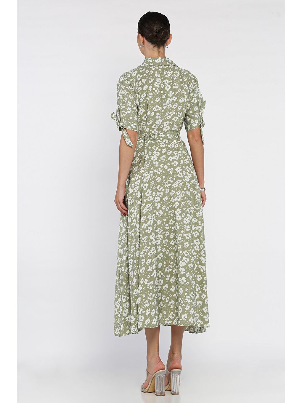 Haki Kadın Düğmeli Çiçek Desenli Kısa Kol Elbise-2