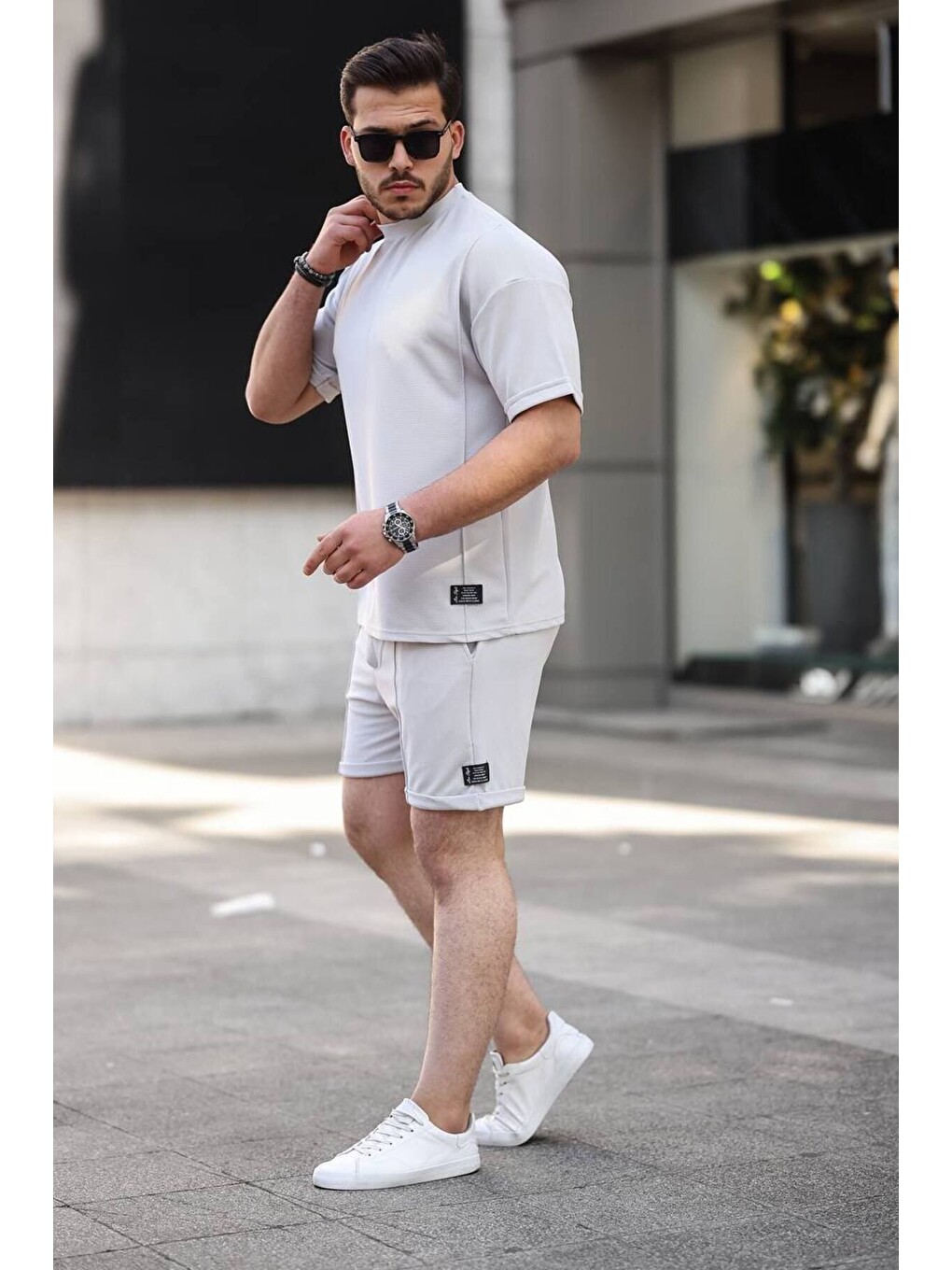 Erkek Alt Üst Oversize Tişört Basic Şort Gri Ikili Takım-2