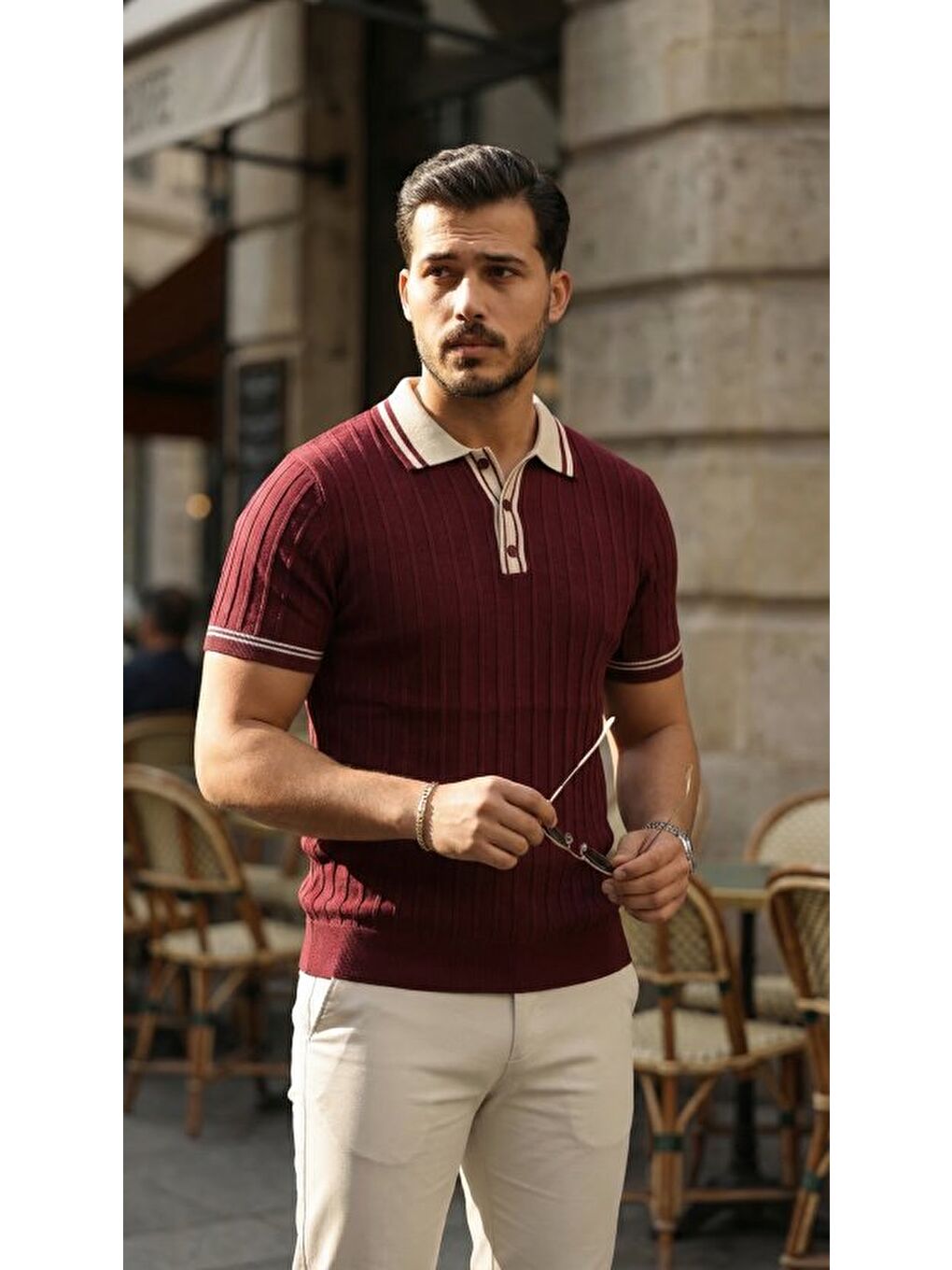 Bordo Erkek Düğme Yakalı Kontrast Yaka Triko Tişört-3