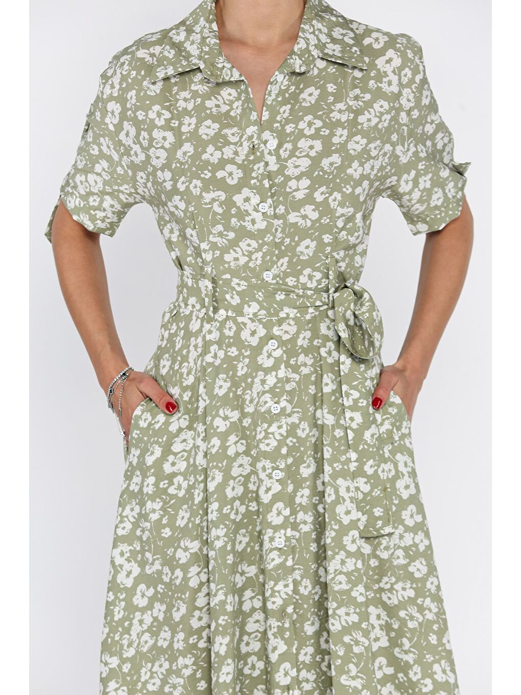 Haki Kadın Düğmeli Çiçek Desenli Kısa Kol Elbise-3