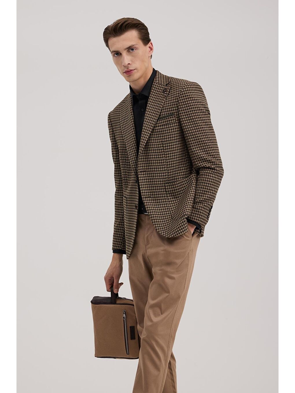 Kahverengi Kahve Slim Fit Mono Yaka Kazayağı Desenli Ceket-1