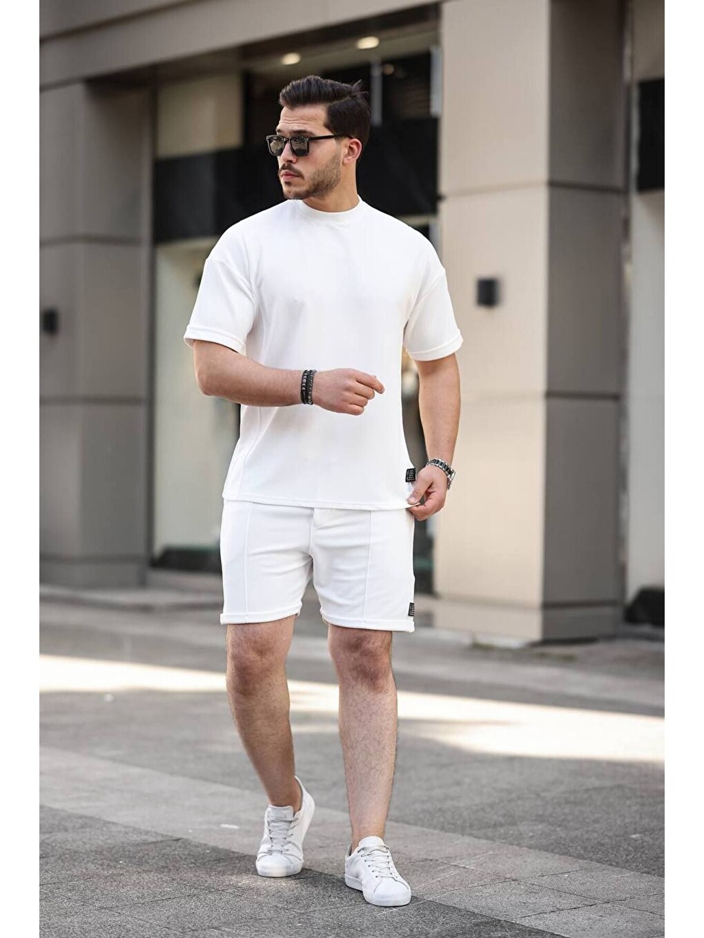Erkek Alt Üst Oversize Tişört Basic Şort Beyaz Ikili Takım