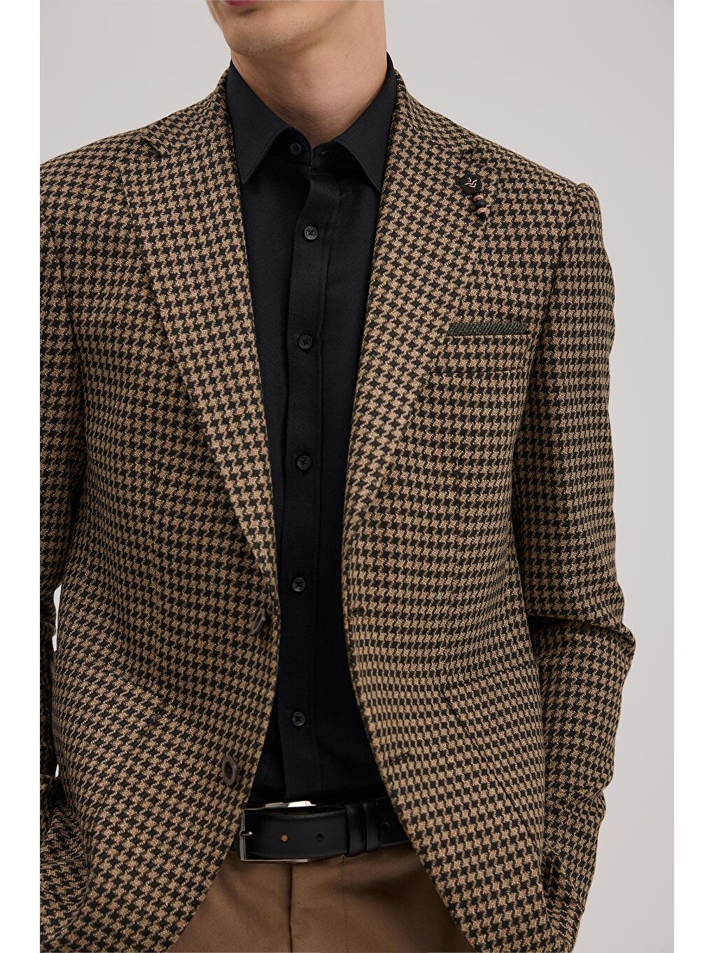 Kahverengi Kahve Slim Fit Mono Yaka Kazayağı Desenli Ceket-2